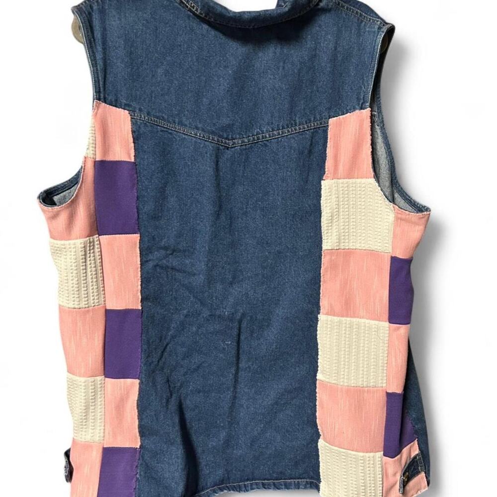 XL upcycled denim patchwork jacket with vintage polyester quilt top patch